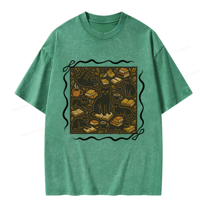 Pagewings Cats And Books Unisex Washed T-shirt