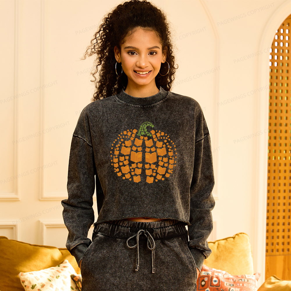 Pagewings Thanksgiving Book Pumpkin Women Washed Crop Sweatshirt