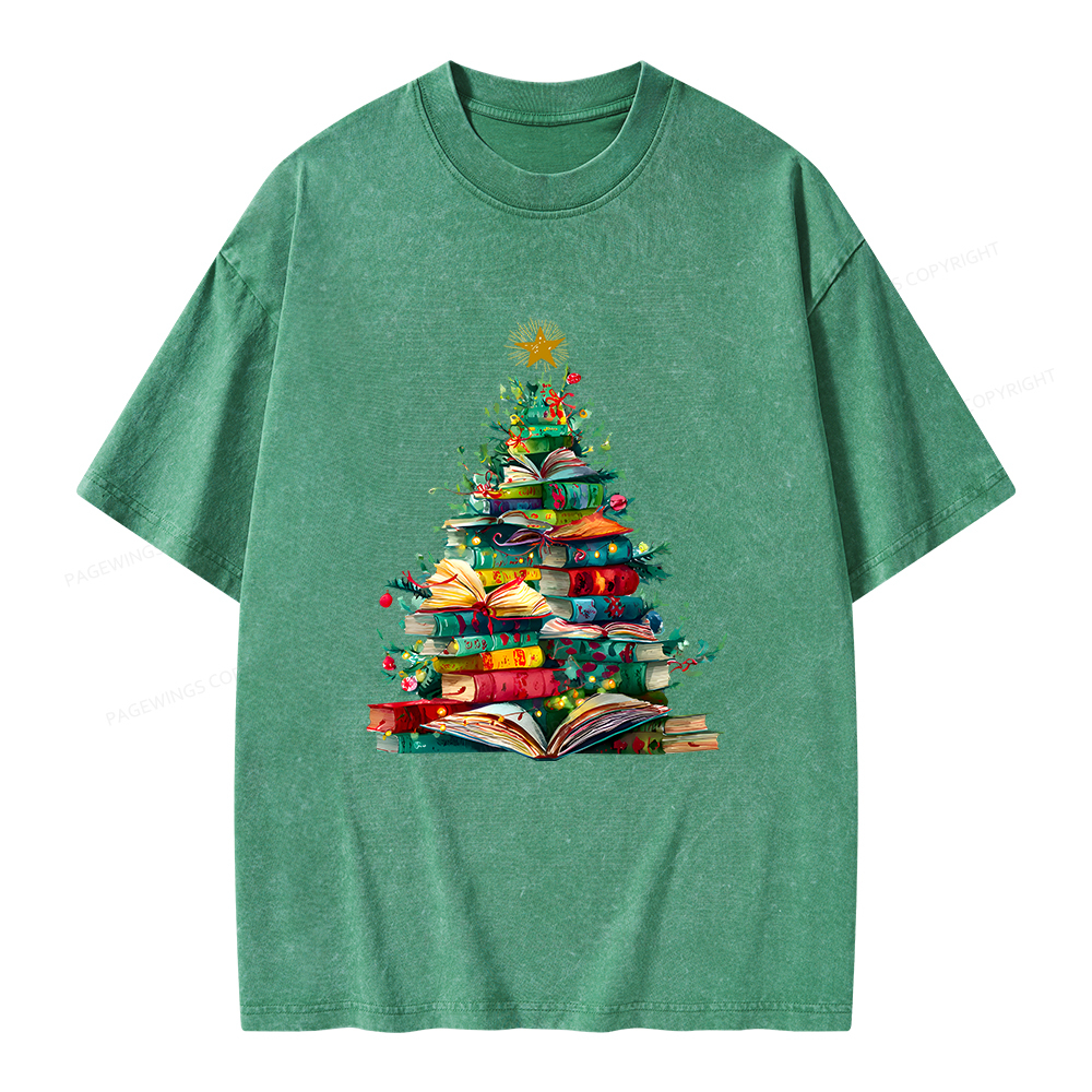 Pagewings Christmas Book Tree Unisex Washed T-shirt