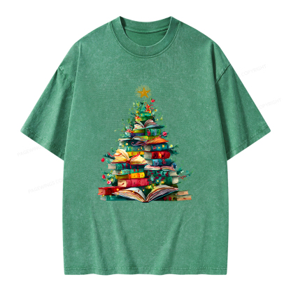 Pagewings Christmas Book Tree Unisex Washed T-shirt