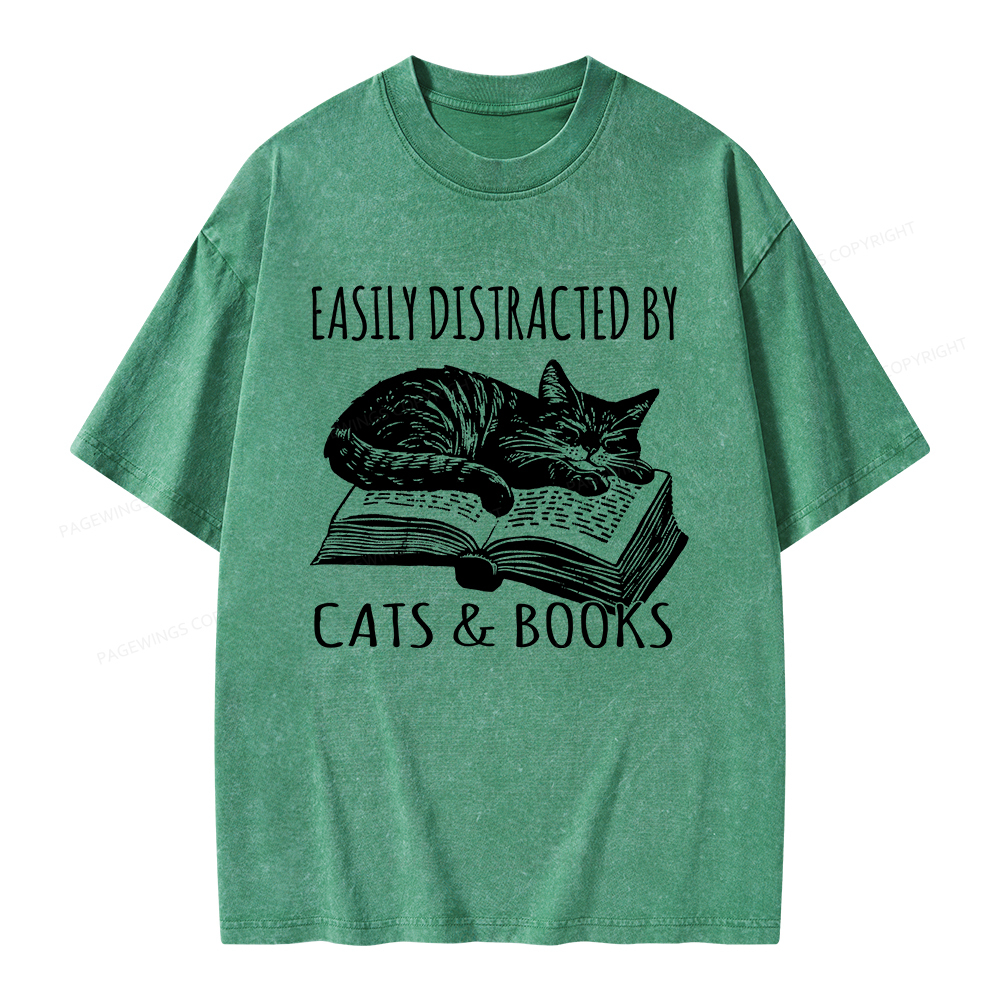 Pagewings Easily Distracted By Cats & Books Unisex Washed T-shirt