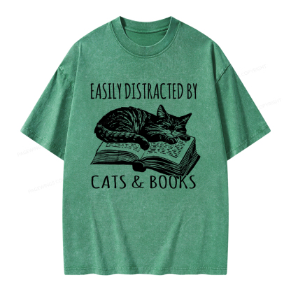 Pagewings Easily Distracted By Cats & Books Unisex Washed T-shirt