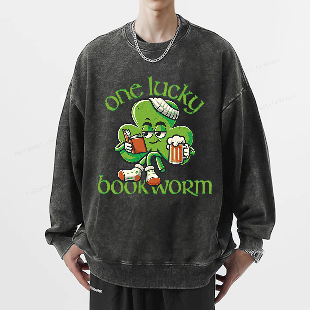 Pagewings  Lucky Book worm Shirt St. Patrick Day outfit Unisex Washed Sweatshirt