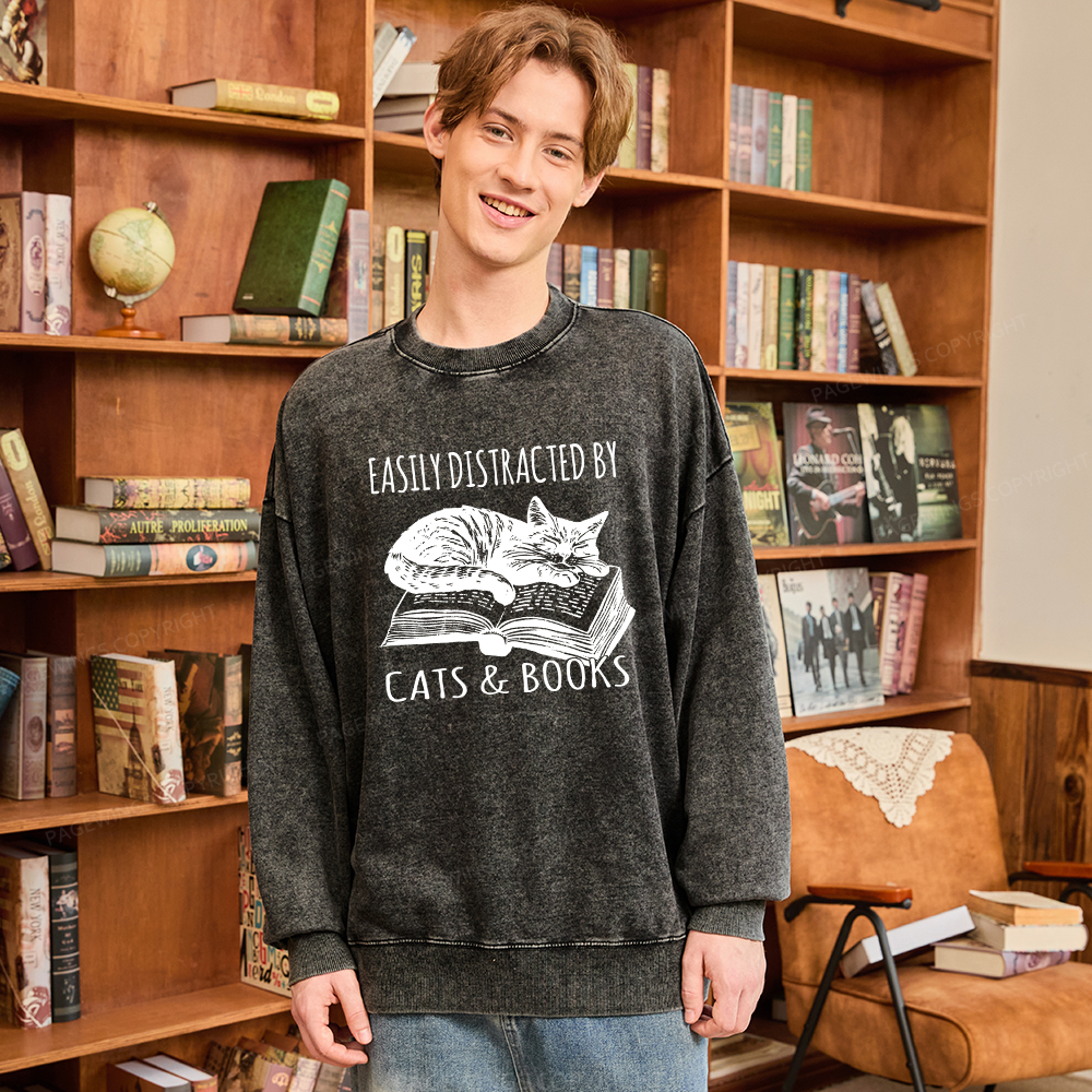 Pagewings Easily Distracted By Cats & Books Unisex Washed Sweatshirt