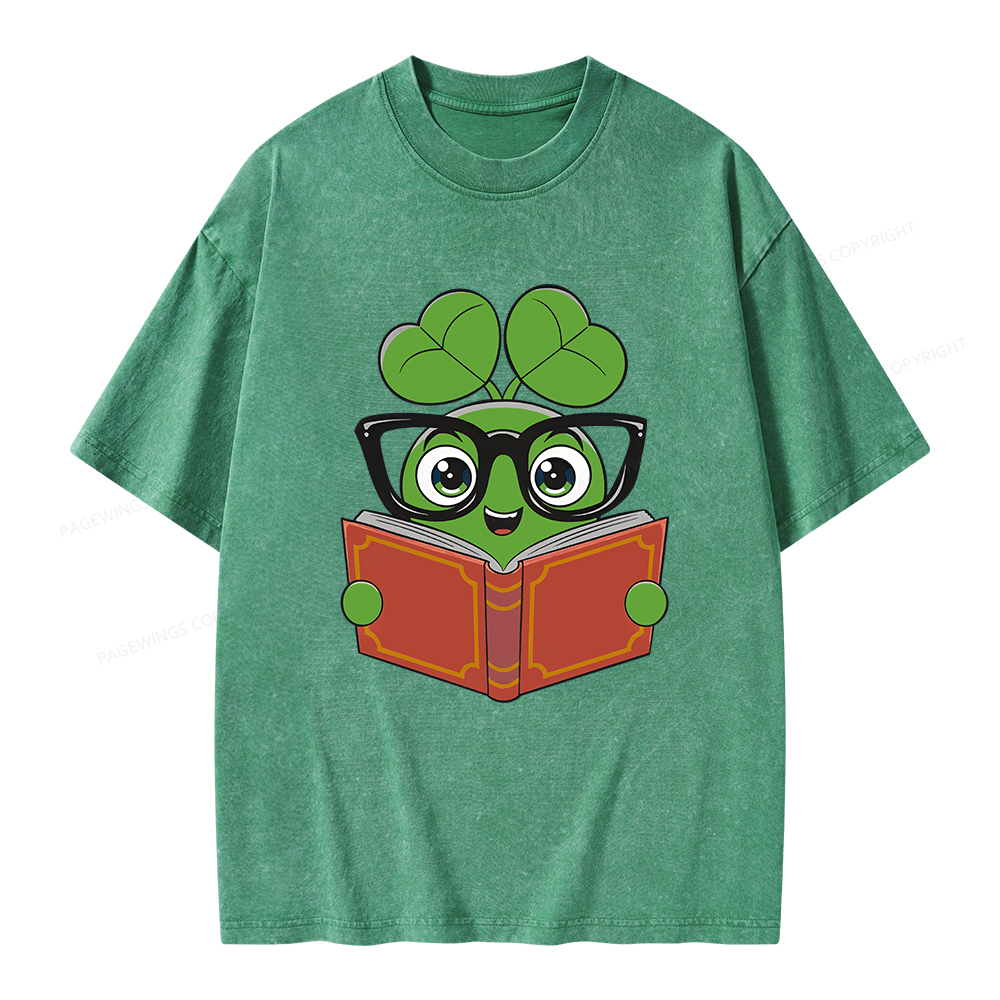 Pagewings Cute Reading Clover Tee Lucky Bookworm T-Shirt Unisex Washed T-shirt