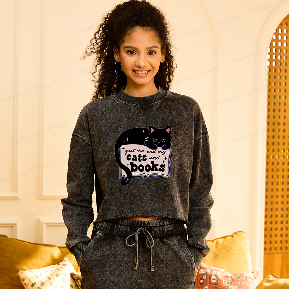 Pagewings Just me my Cats and Books Women Washed Crop Sweatshirt