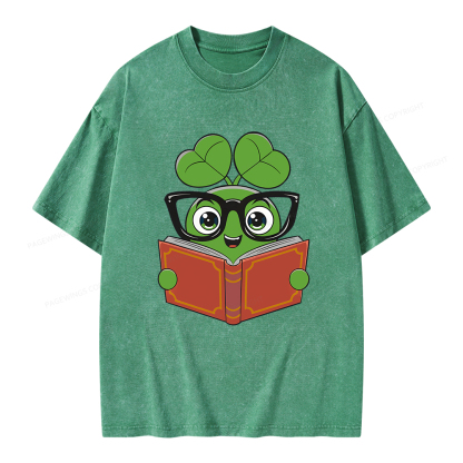 Pagewings Cute Reading Clover Tee Lucky Bookworm T-Shirt Unisex Washed T-shirt