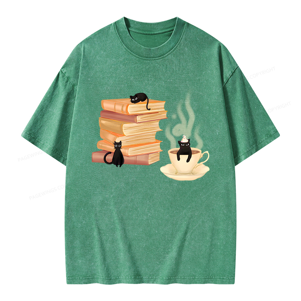 Pagewings Coffee Cats and Books Unisex Washed T-shirt