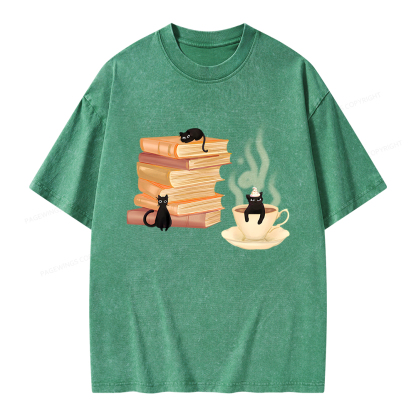Pagewings Coffee Cats and Books Unisex Washed T-shirt