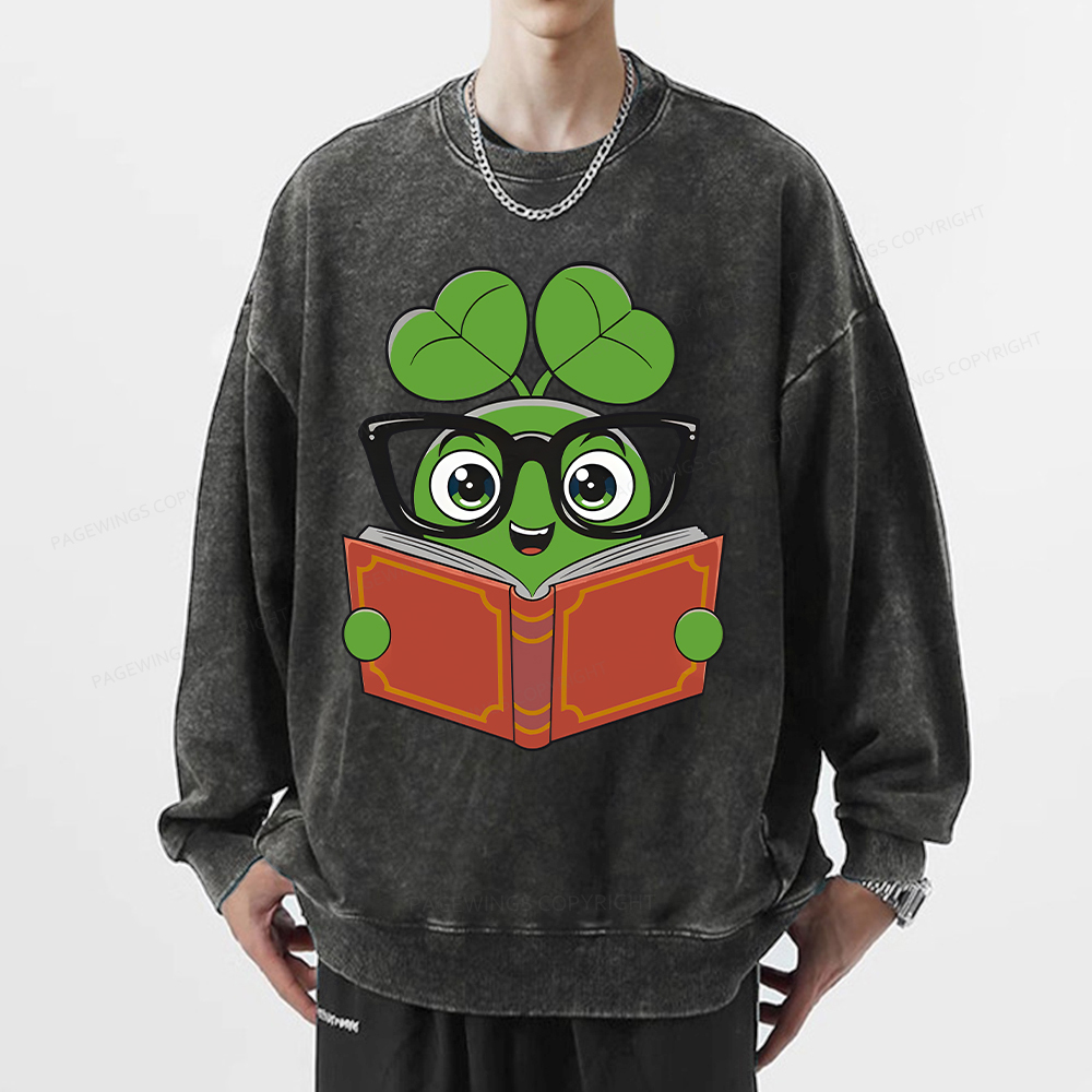  Pagewings Cute Reading Clover Tee Lucky Bookworm T-Shirt Unisex Washed Sweatshirt