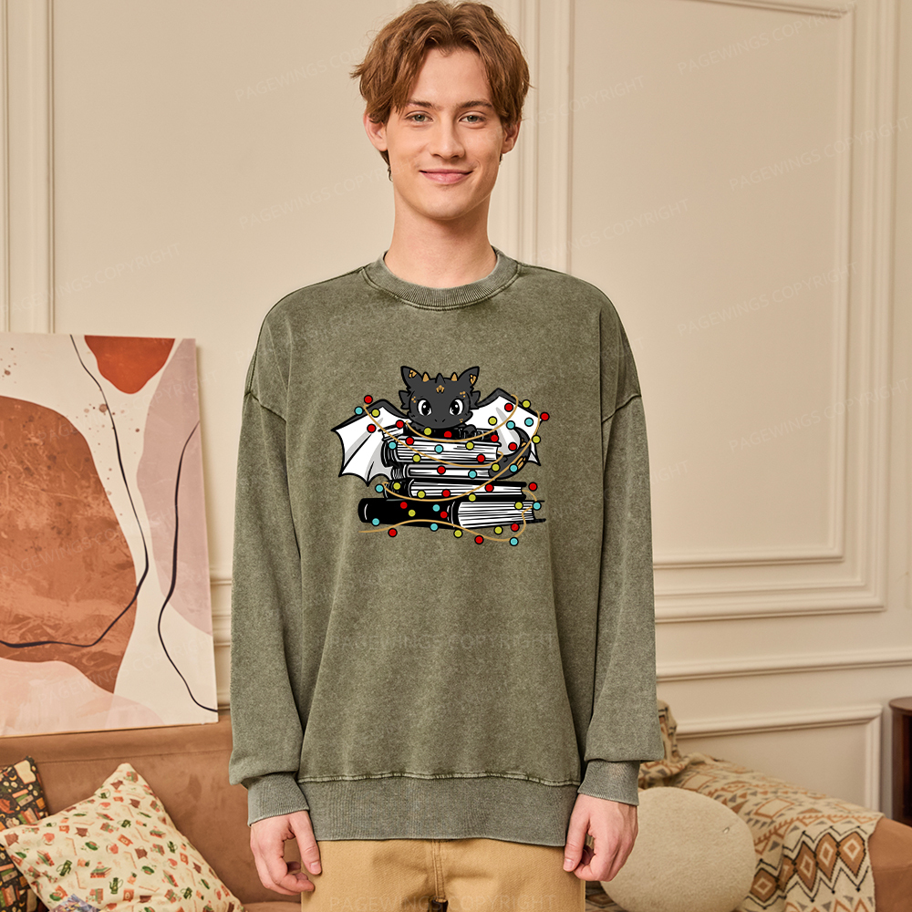 Pagewings Cute Book Dragon Holiday Unisex Washed Sweatshirt