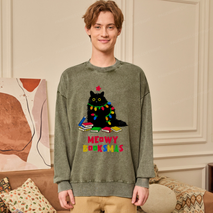 Pagewings Meowy Booksmas Unisex Washed Sweatshirt