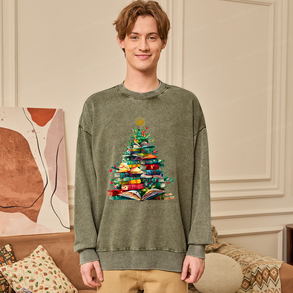 Pagewings Christmas Book Tree Unisex Washed Sweatshirt