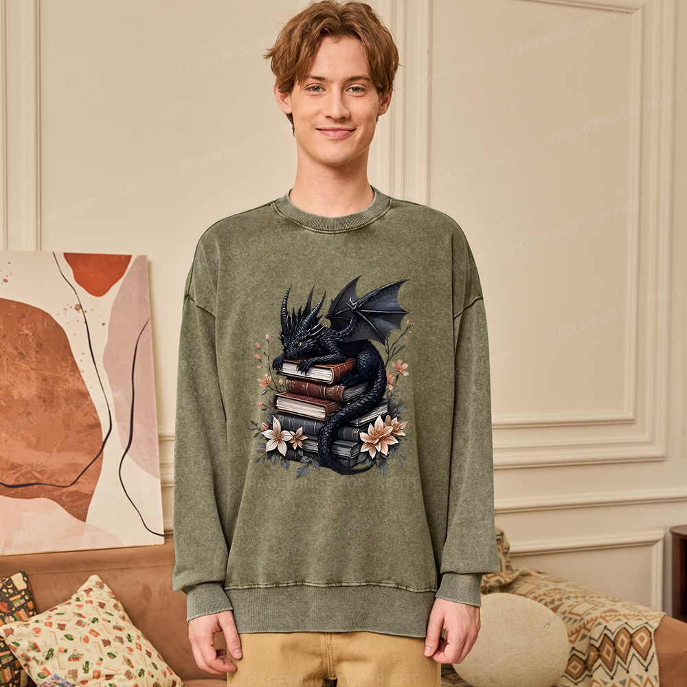 Pagewings Black Dragon Book Unisex Washed Sweatshirt