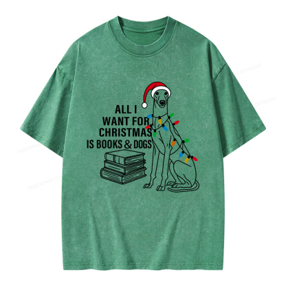 Pagewings All I Want For Christmas Is Books and Dogs Unisex Washed T-shirt