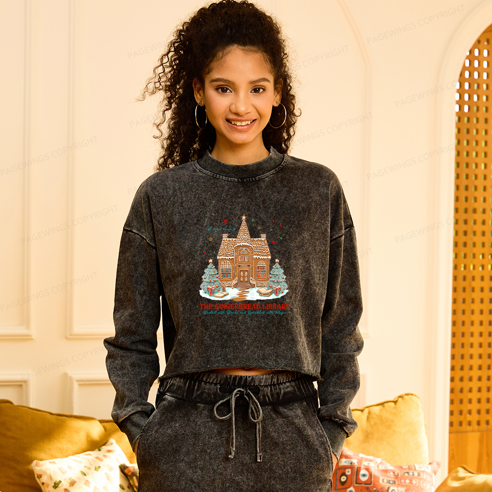 Pagewings Gingerbread Library Women Washed Crop Sweatshirt