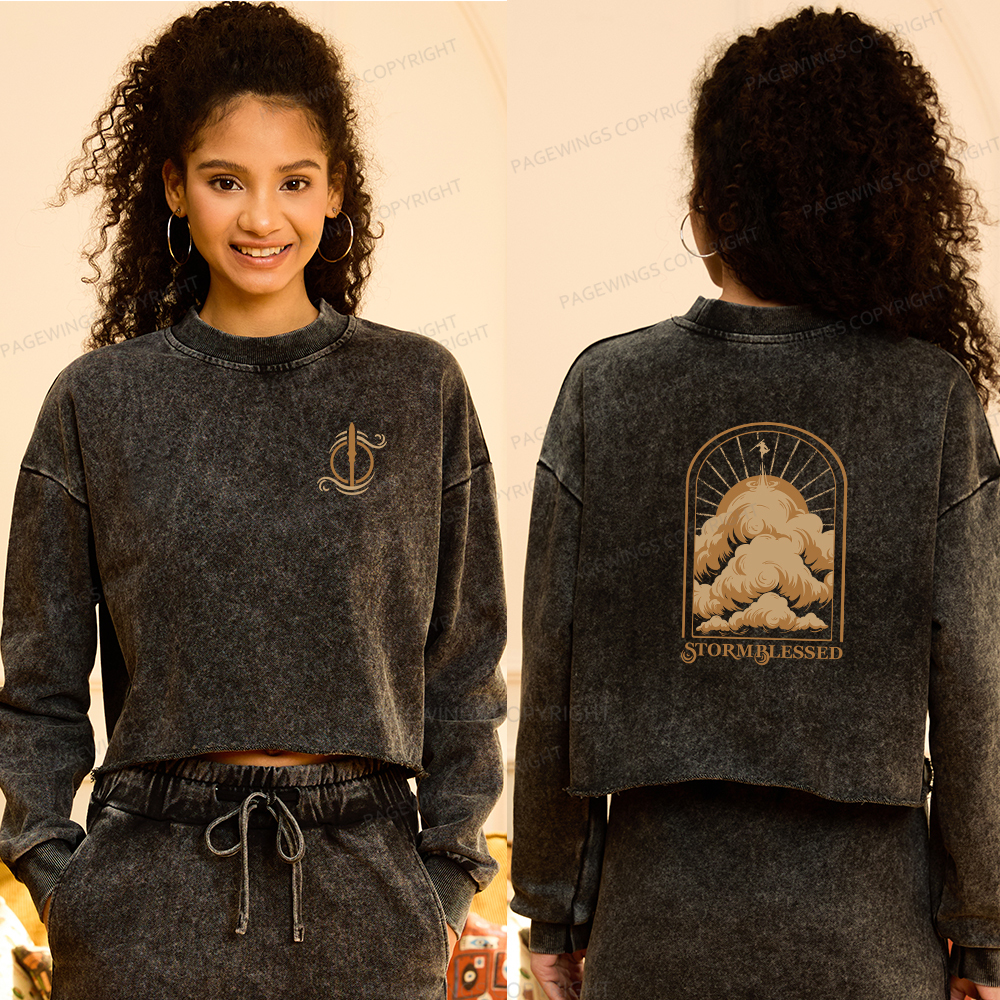 Pagewings Storm Fantasy Book Lover Women Washed Crop Sweatshirt