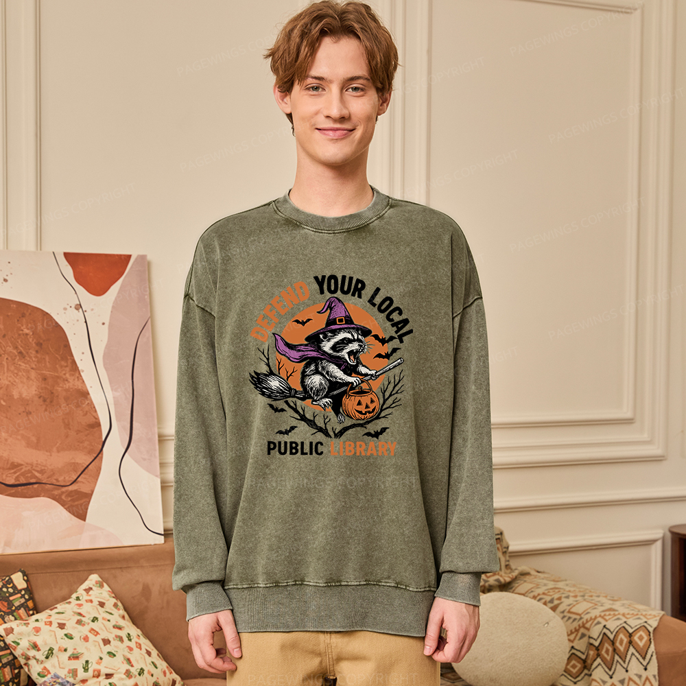 [Pagewings Defend Your Local Public Library Unisex Washed Sweatshirt