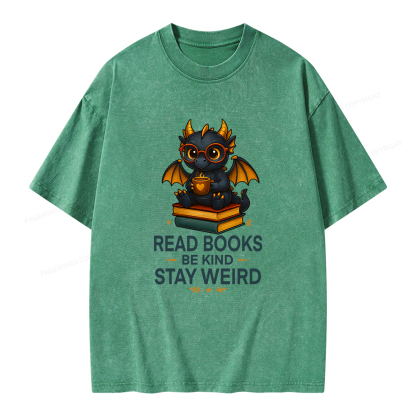 Pagewings Funny Dragon Read Books Be Kind Stay Weird Unisex Washed T-shirt