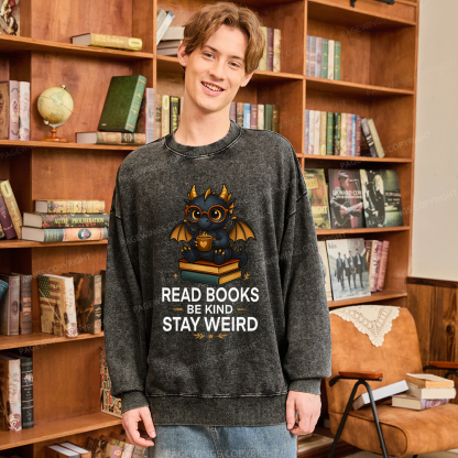 Pagewings Funny Dragon Read Books Be Kind Stay Weird Unisex Washed Sweatshirt