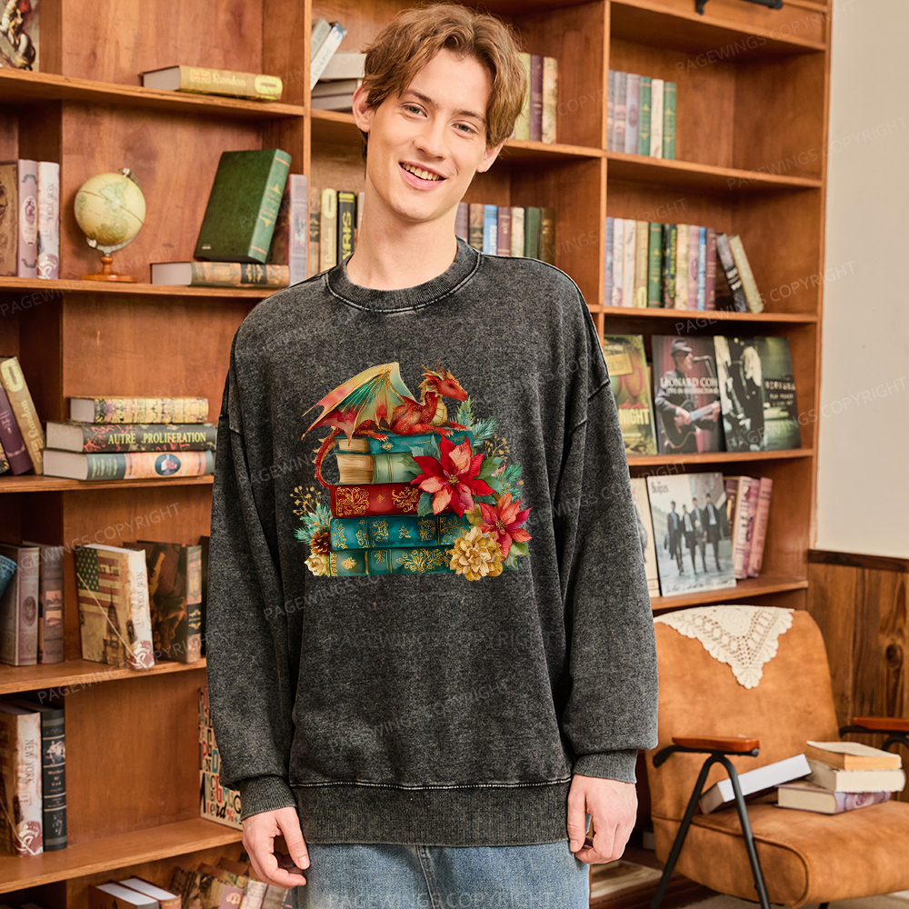 Pagewings Christmas Book Dragon Unisex Washed Sweatshirt
