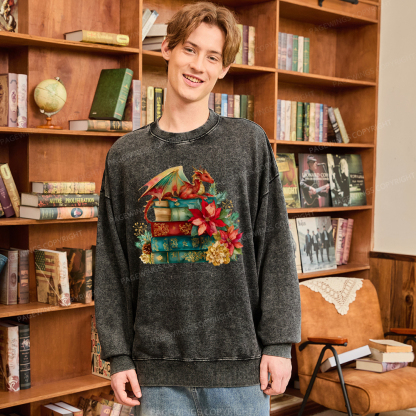 Pagewings Christmas Book Dragon Unisex Washed Sweatshirt