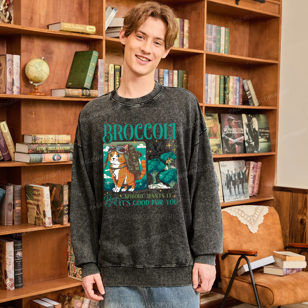 Pagewings Onyx Storm Broccoli Cat Unisex Washed Sweatshirt