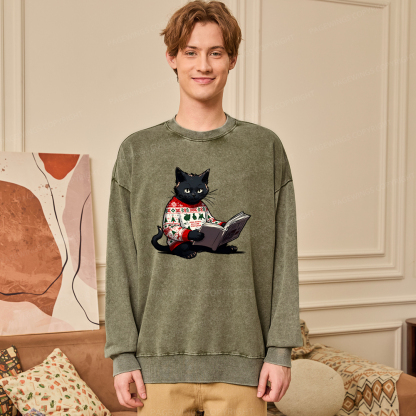 Pagewings Just a Cat Who Loves Reading Unisex Washed Sweatshirt