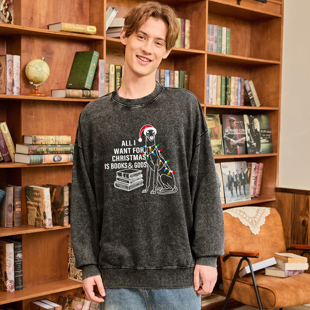Pagewings All I Want For Christmas Is Books and Dogs Unisex Washed Sweatshirt
