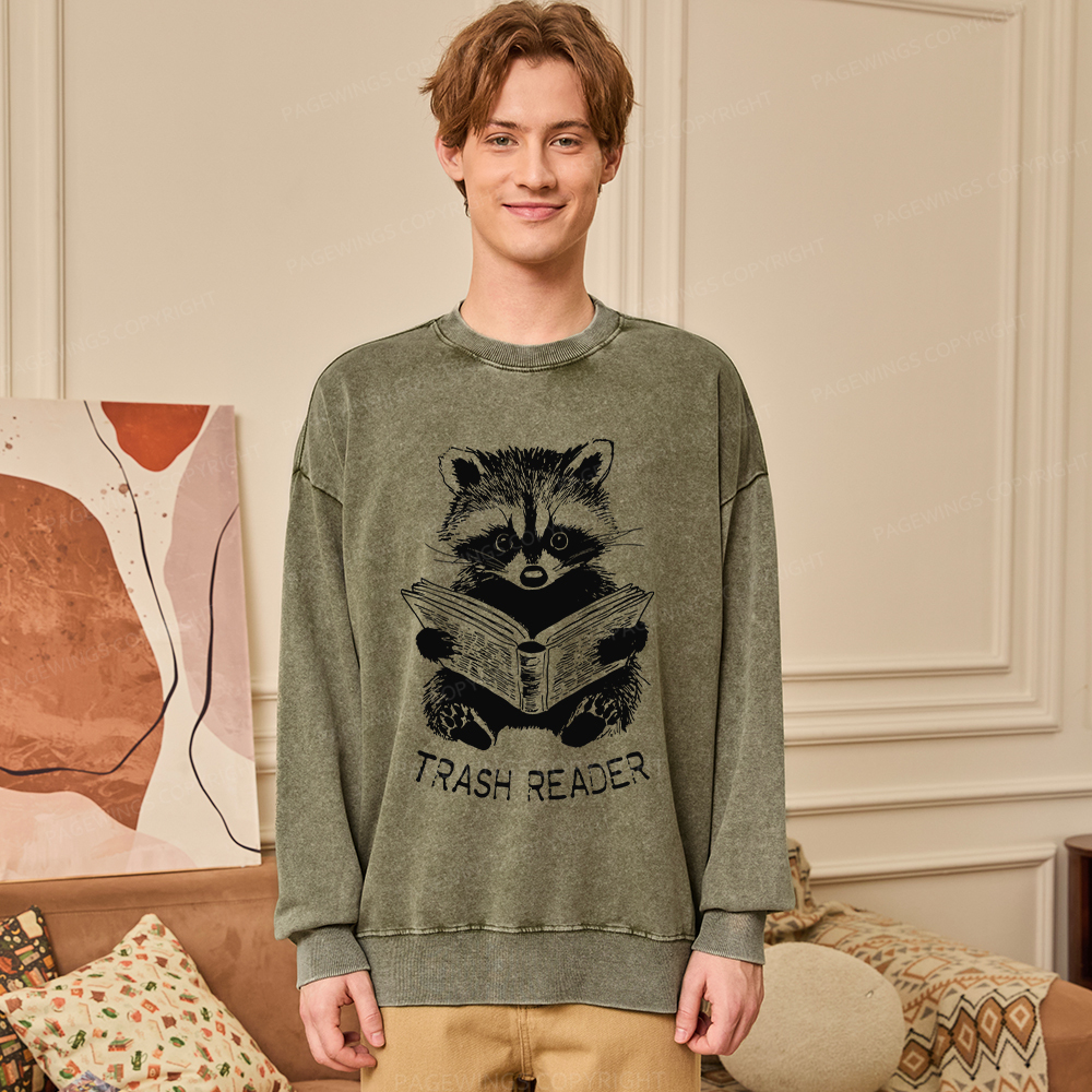 Pagewings Raccoon Reading Trash Reader Unisex Washed Sweatshirt