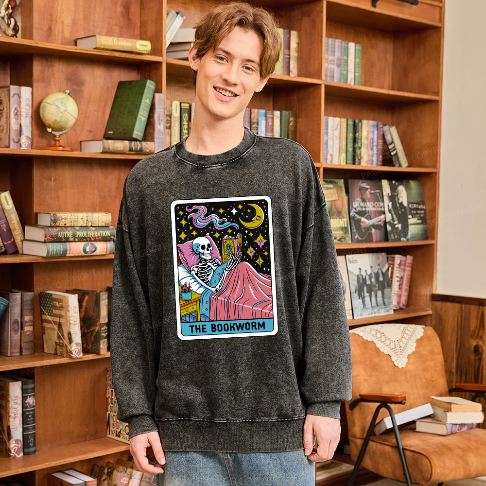 Pagewings The Bookworm Tarot Card Unisex Washed Sweatshirt
