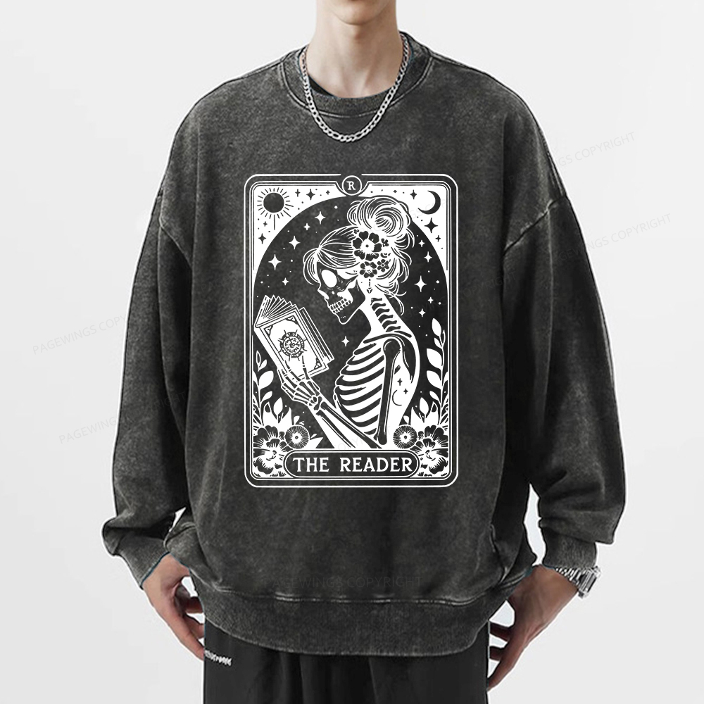 Pagewings Tarot Lover Gift Halloween Skeleton Tee Unisex Washed Sweatshirt