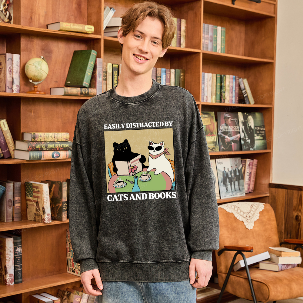 Pagewings Cats And Books Unisex Washed Sweatshirt