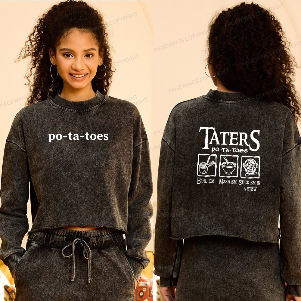 Pagewings Middle Earth Potato Women Washed Crop Sweatshirt