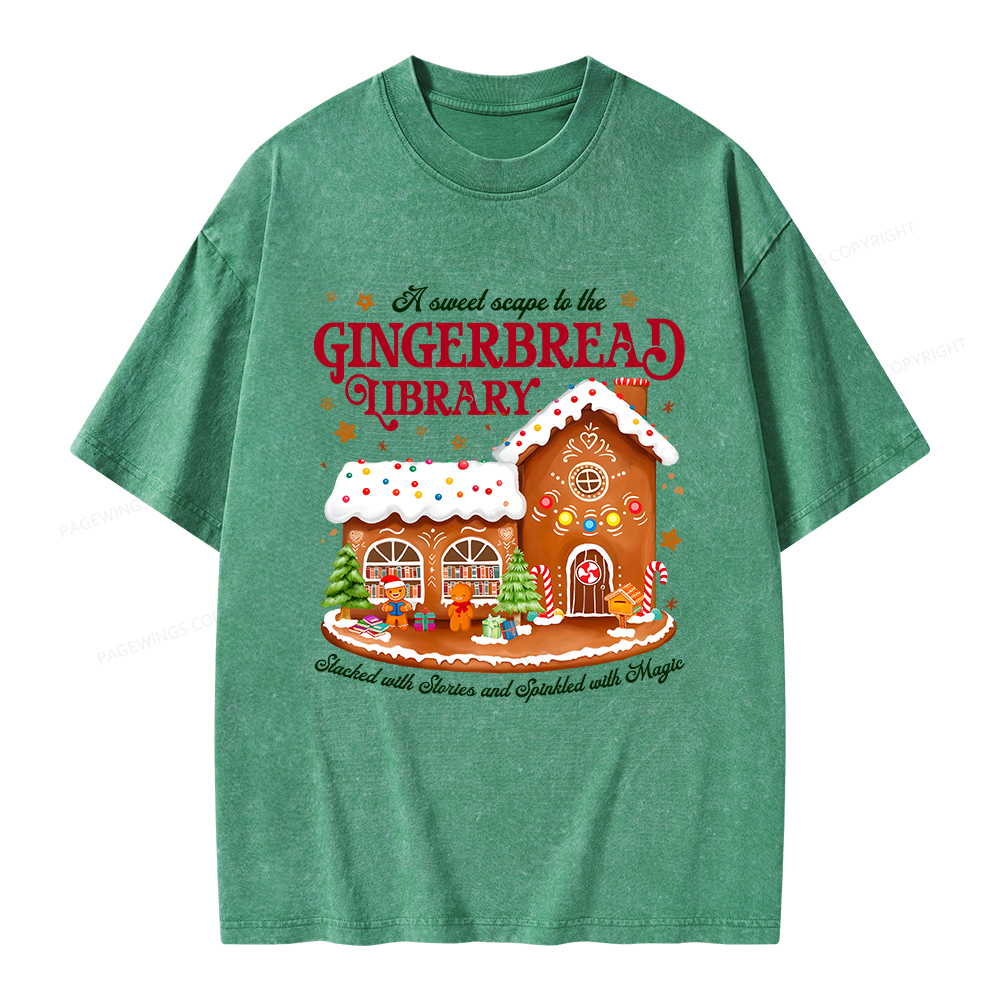 Pagewings Gingerbread Library Christmas Unisex Washed T-shirt