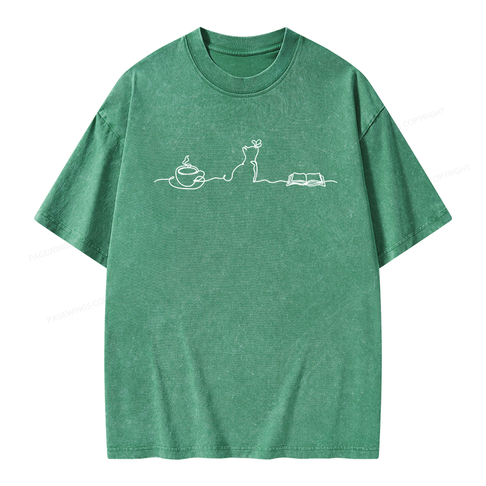 Pagewings Coffee Cats And Books Lover Unisex Washed T-shirt