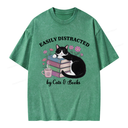 Pagewings Easily Distracted By Cats & Books Unisex Washed T-shirt