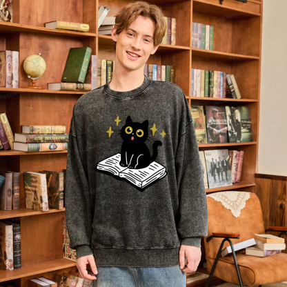 Pagewings Cat Book Unisex Washed Sweatshirt