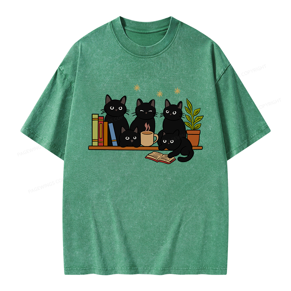 Pagewings Cat On Bookshelf Unisex Washed T-shirt