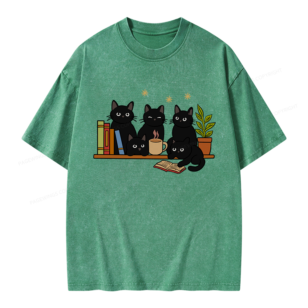 Pagewings Cat On Bookshelf Unisex Washed T-shirt