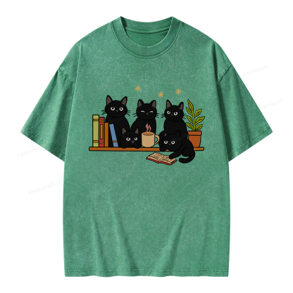 Pagewings Cat On Bookshelf Unisex Washed T-shirt