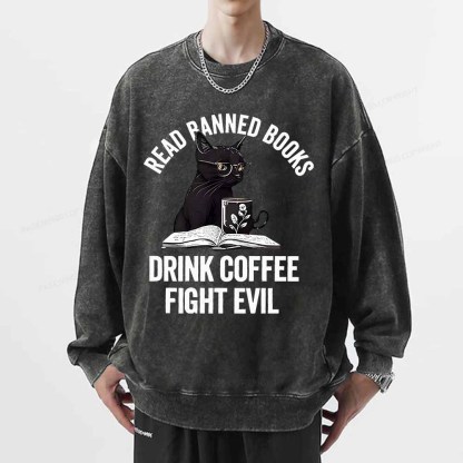 Pagewings Read Books Drink Coffee Fight Evil Shirt Unisex Washed Sweatshirt