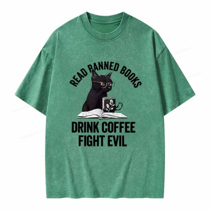 Pagewings Read Books Drink Coffee Fight Evil Shirt Unisex Washed T-shirt