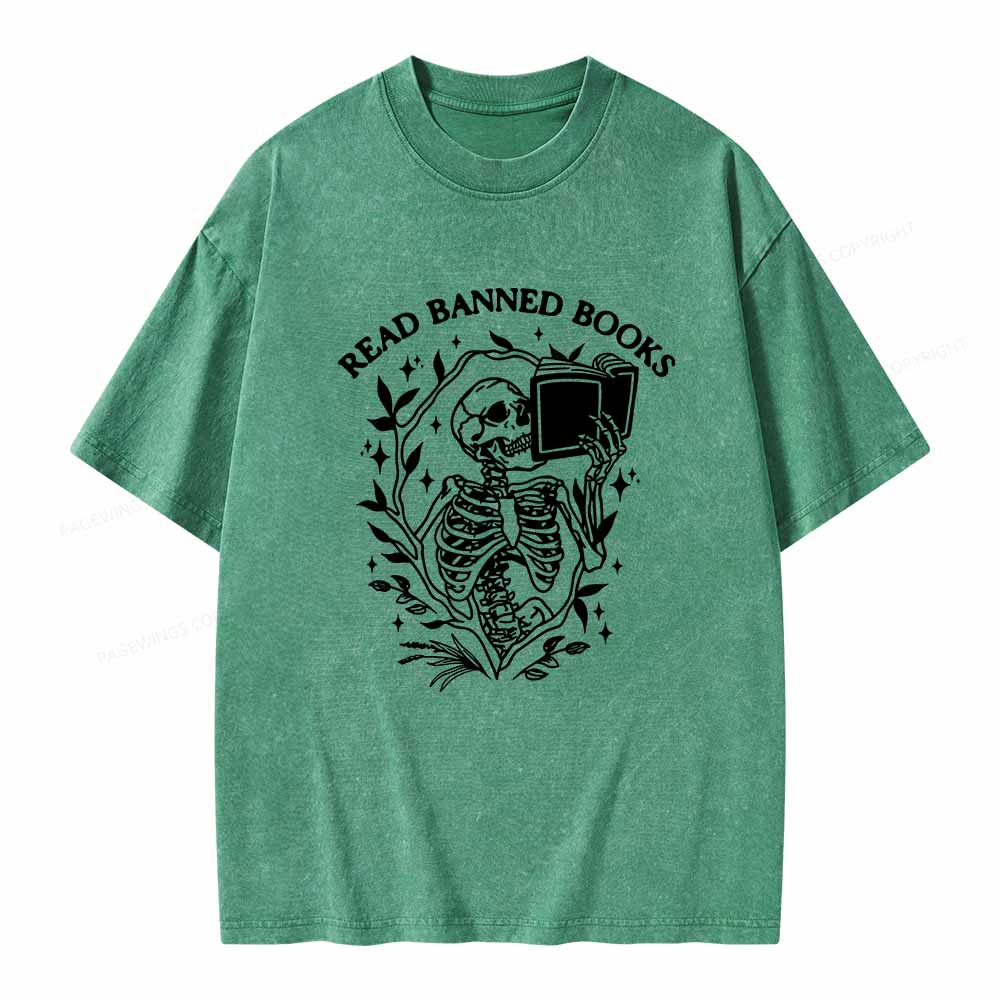 Pagewings Read Banned Books Skeleton Halloween Goth Protest T-Shirt Unisex Washed T-shirt