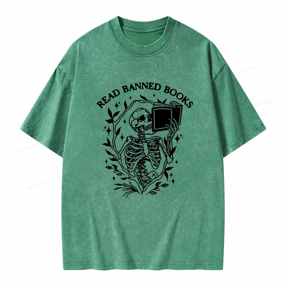 Pagewings Read Banned Books Skeleton Halloween Goth Protest T-Shirt Unisex Washed T-shirt