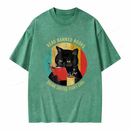 Pagewings Read Banned Books Drink Coffee Fight Evil Retro Cat Lovers T-Shirt Unisex Washed T-shirt