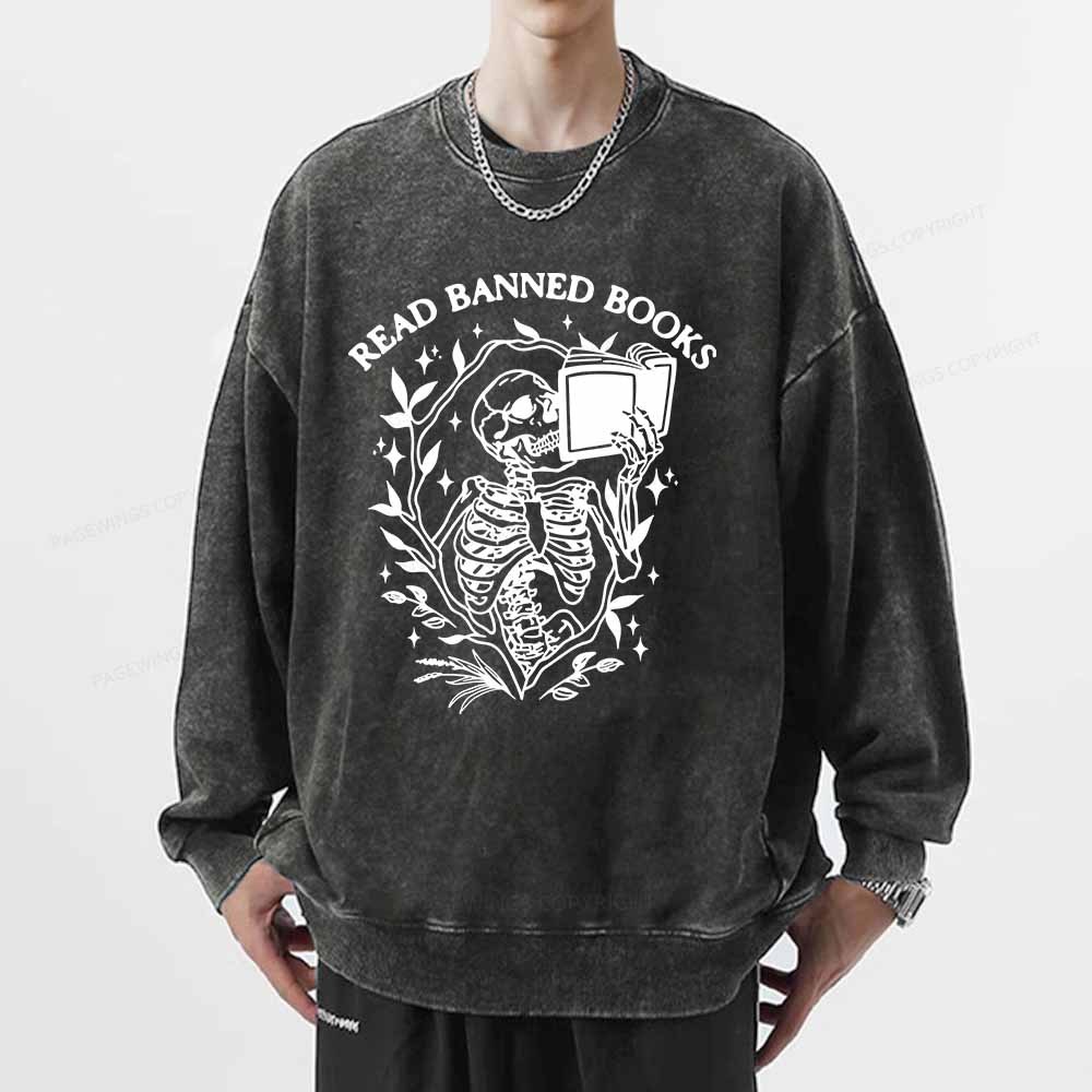 Pagewings Read Banned Books Skeleton Halloween Goth Protest T-Shirt Unisex Washed Sweatshirt
