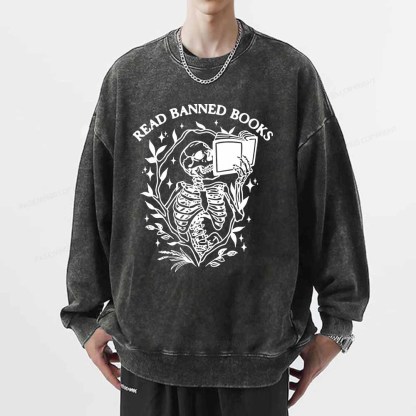 Pagewings Read Banned Books Skeleton Halloween Goth Protest T-Shirt Unisex Washed Sweatshirt