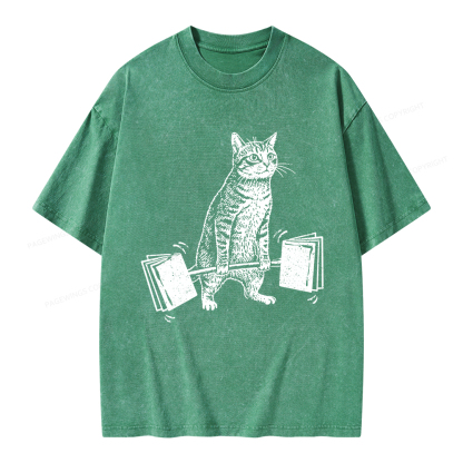 Pagewings Funny Cat Love Books Unisex Washed T-shirt