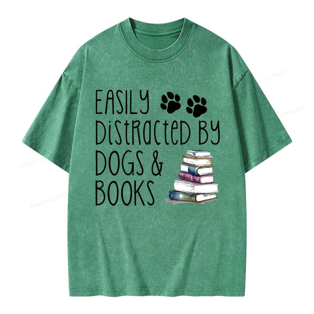 Pagewings Easily Distracted By Dogs And Books Unisex Washed T-shirt